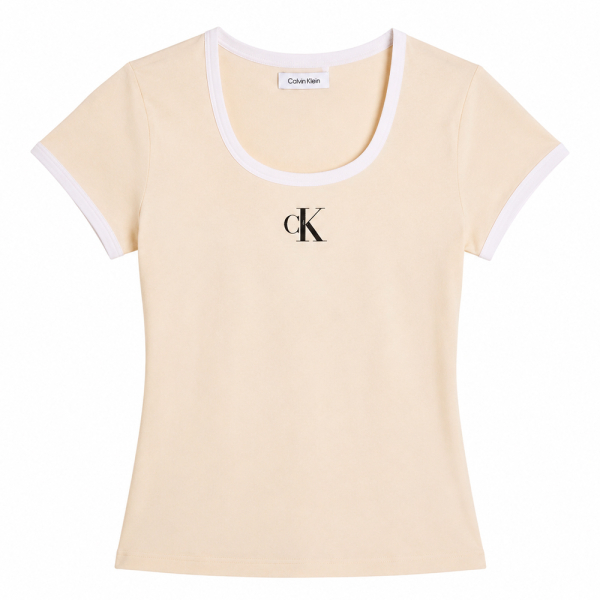 Calvin Klein T-shirts hauts et polos Beige - T-shirt slim col rond en coton stretch - L - Ref 45 €